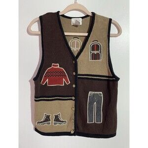 Vtg Christopher & Banks Vest M Brown Hiking Ramie Retro Hand Embroidered 90s Y2K